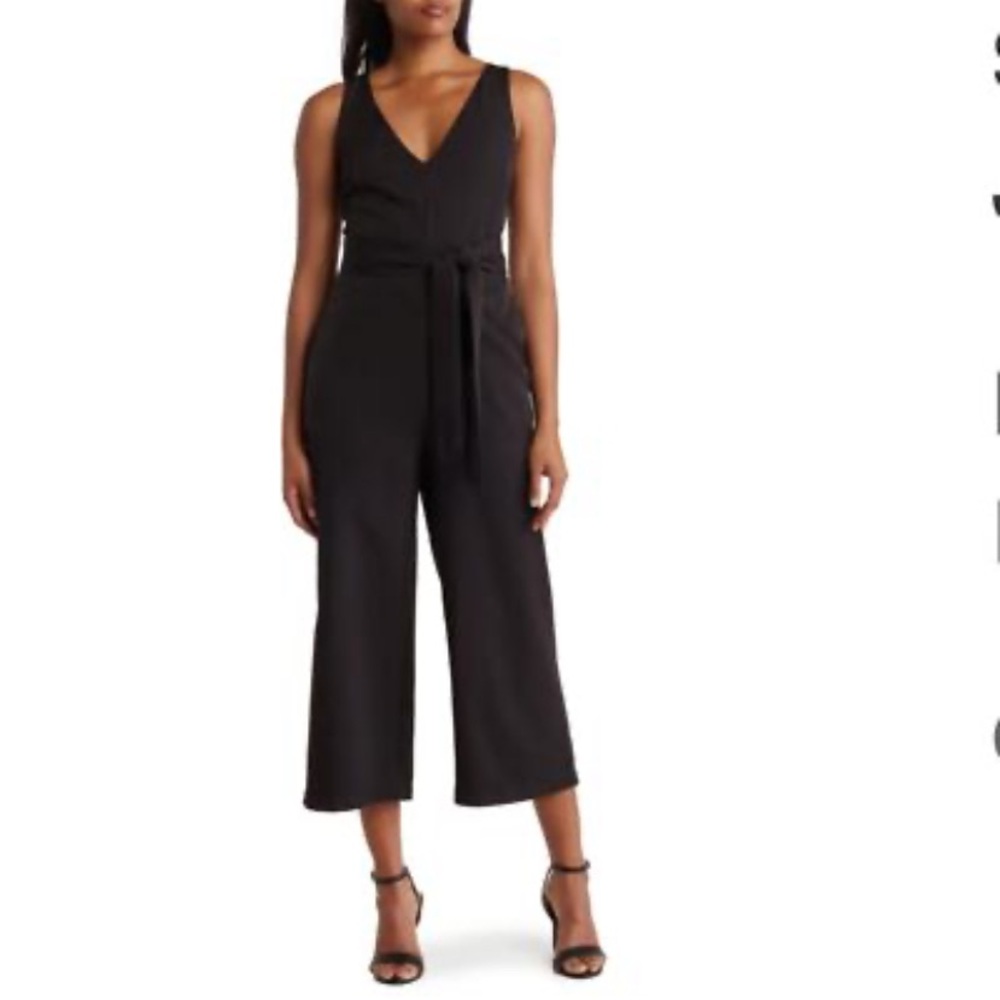Sam Edelman Black Sleeveless V-Neck Cropped Wide-Leg Jumpsuit with Tie waist.